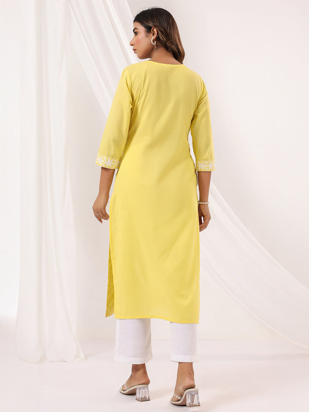 Ninnique Women's Yellow Pure Cotton Embroidered Straight Kurta
