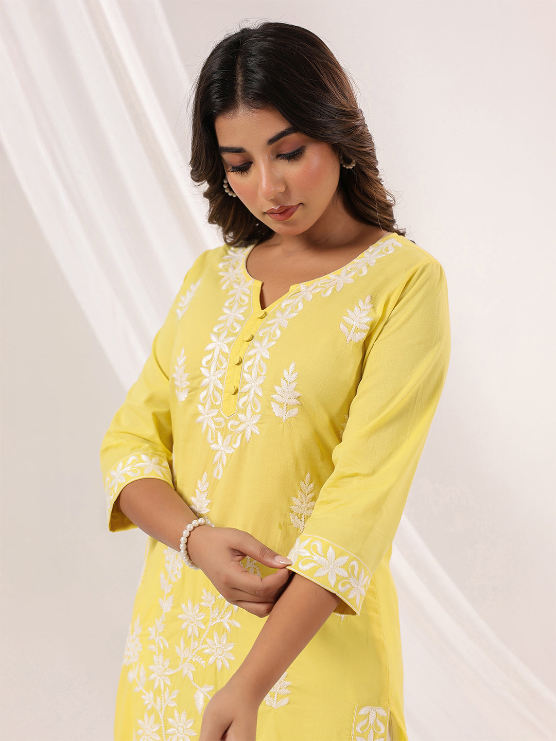 Ninnique Women's Yellow Pure Cotton Embroidered Straight Kurta