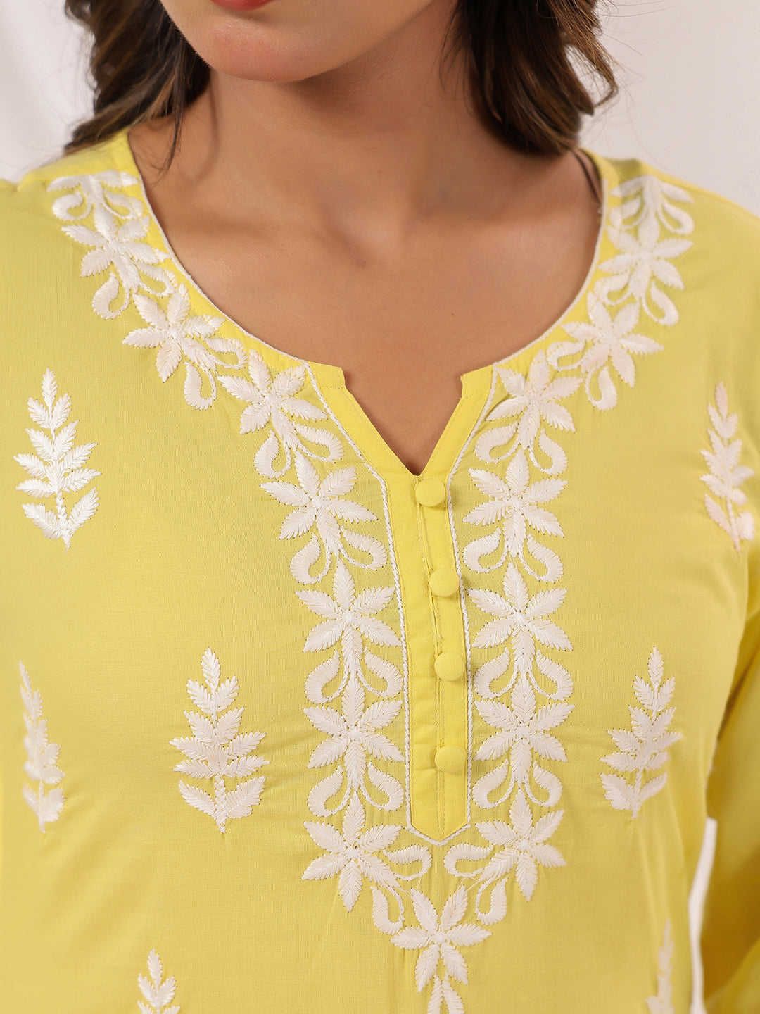 Ninnique Women's Yellow Pure Cotton Embroidered Straight Kurta
