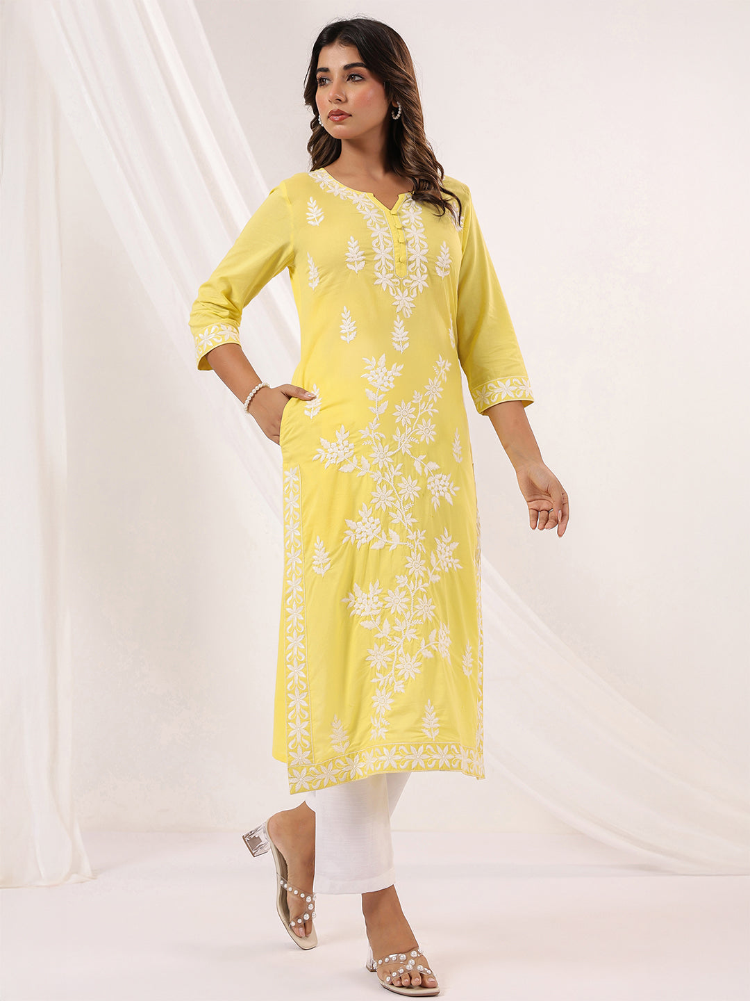 Ninnique Women's Yellow Pure Cotton Embroidered Straight Kurta