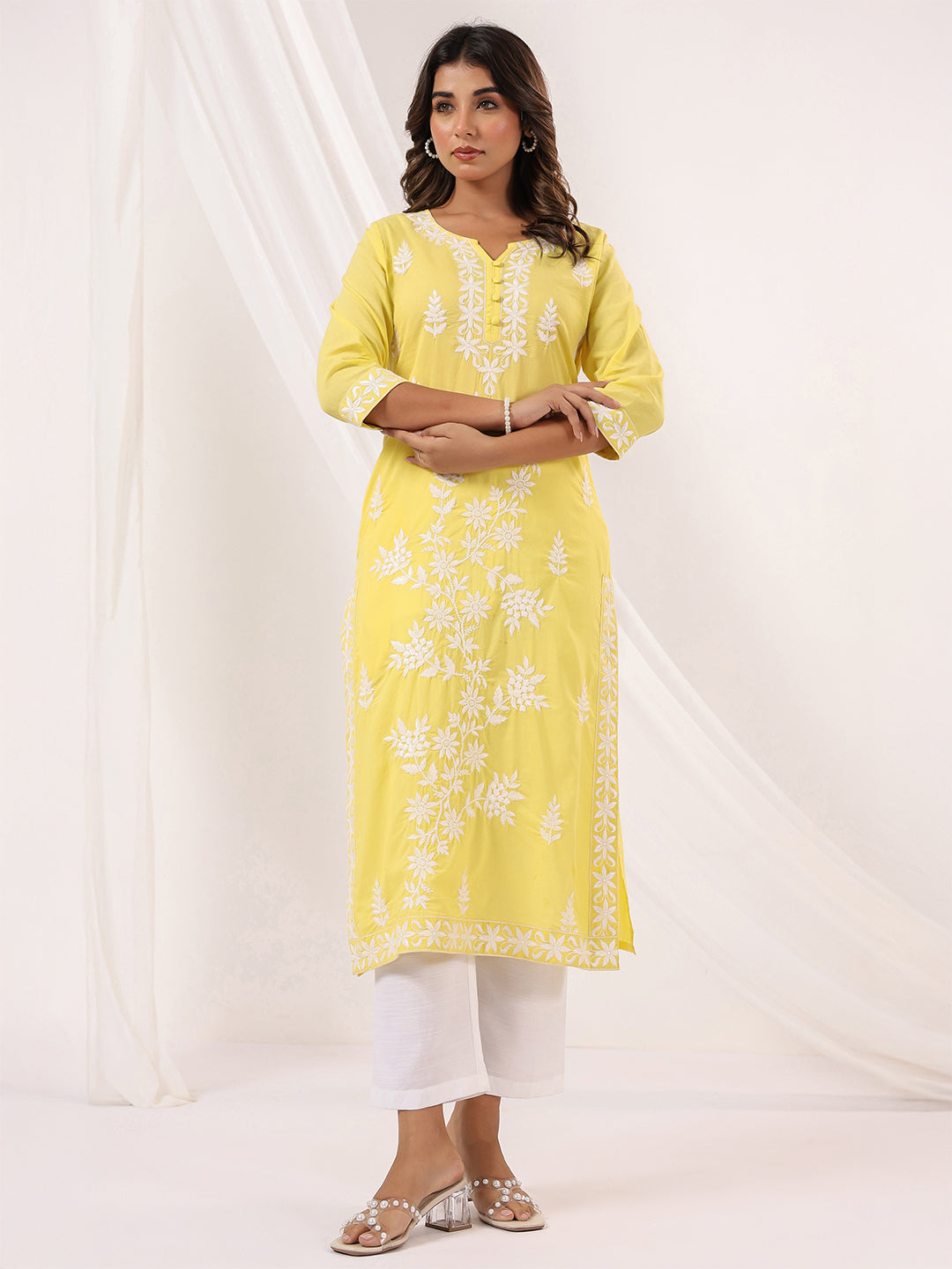 Ninnique Women's Yellow Pure Cotton Embroidered Straight Kurta