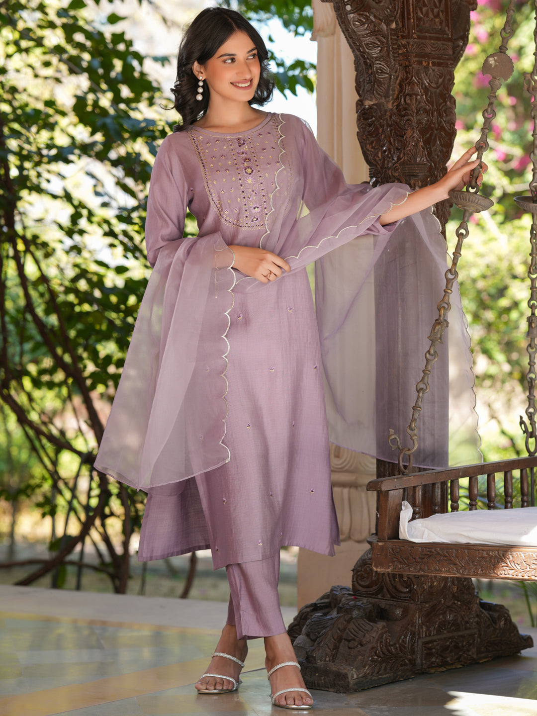 Ninnique Women's Lavender Silk Blend Embroidered Straight Kurta Set