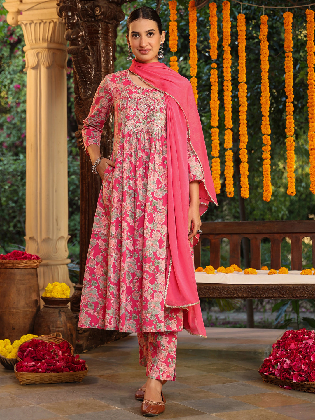 Ninnique Women's Pink Pure Cotton Yoke Embroidered Floral Printed A-line Kurta Set