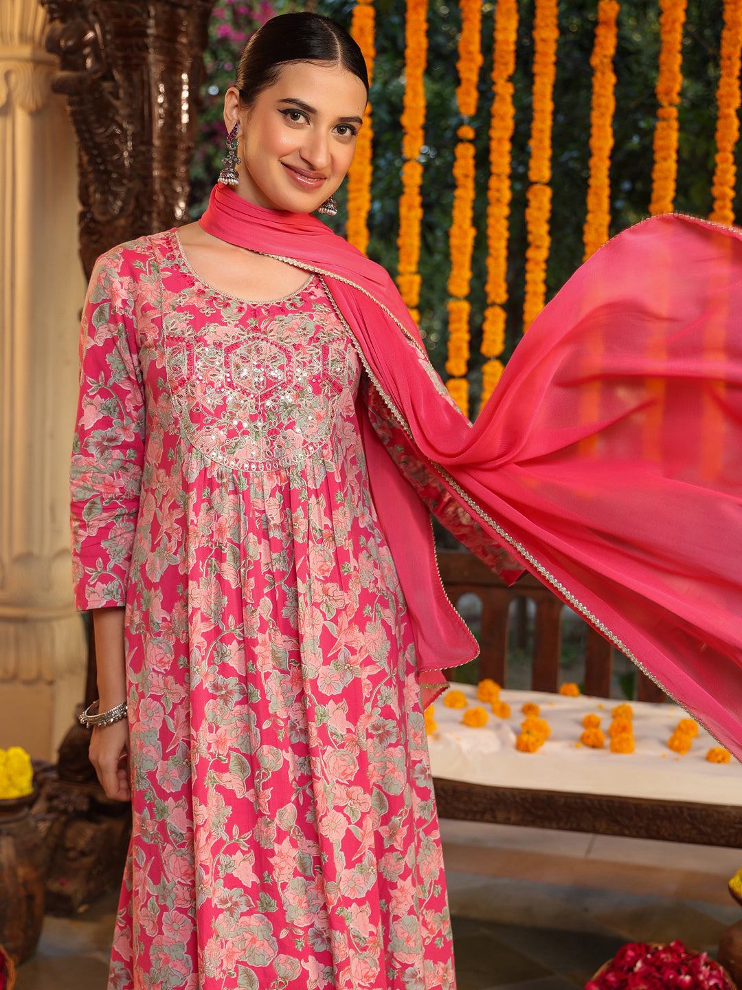 Ninnique Women's Pink Pure Cotton Yoke Embroidered Floral Printed A-line Kurta Set