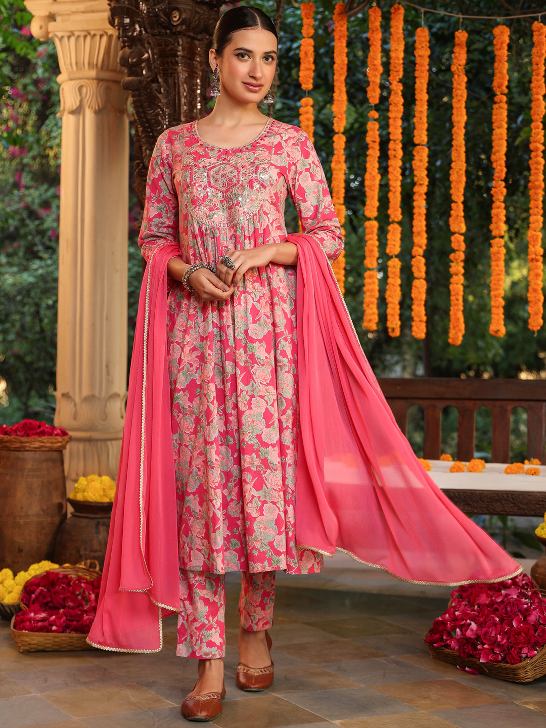 Ninnique Women's Pink Pure Cotton Yoke Embroidered Floral Printed A-line Kurta Set