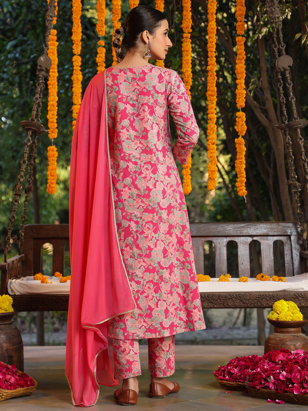 Ninnique Women's Pink Pure Cotton Yoke Embroidered Floral Printed A-line Kurta Set