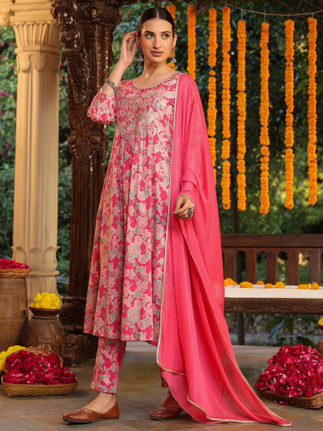 Ninnique Women's Pink Pure Cotton Yoke Embroidered Floral Printed A-line Kurta Set