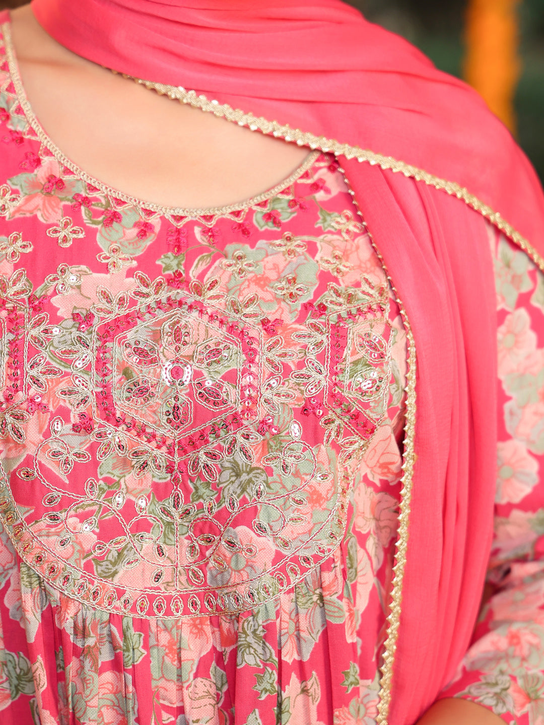 Ninnique Women's Pink Pure Cotton Yoke Embroidered Floral Printed A-line Kurta Set