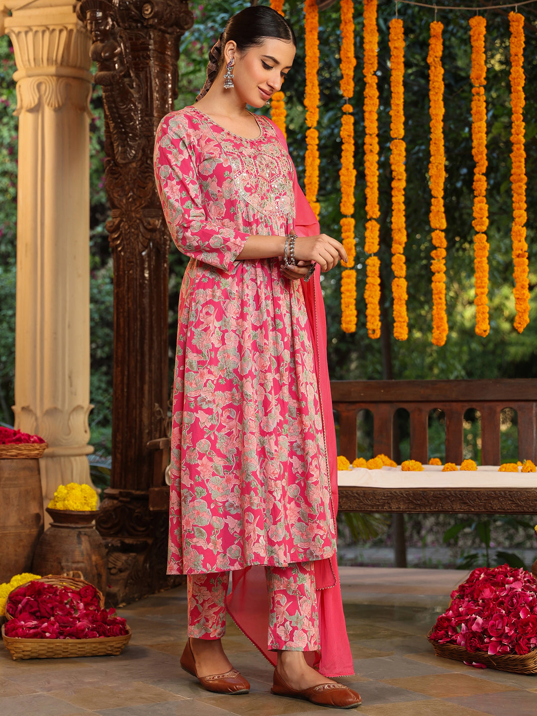 Ninnique Women's Pink Pure Cotton Yoke Embroidered Floral Printed A-line Kurta Set