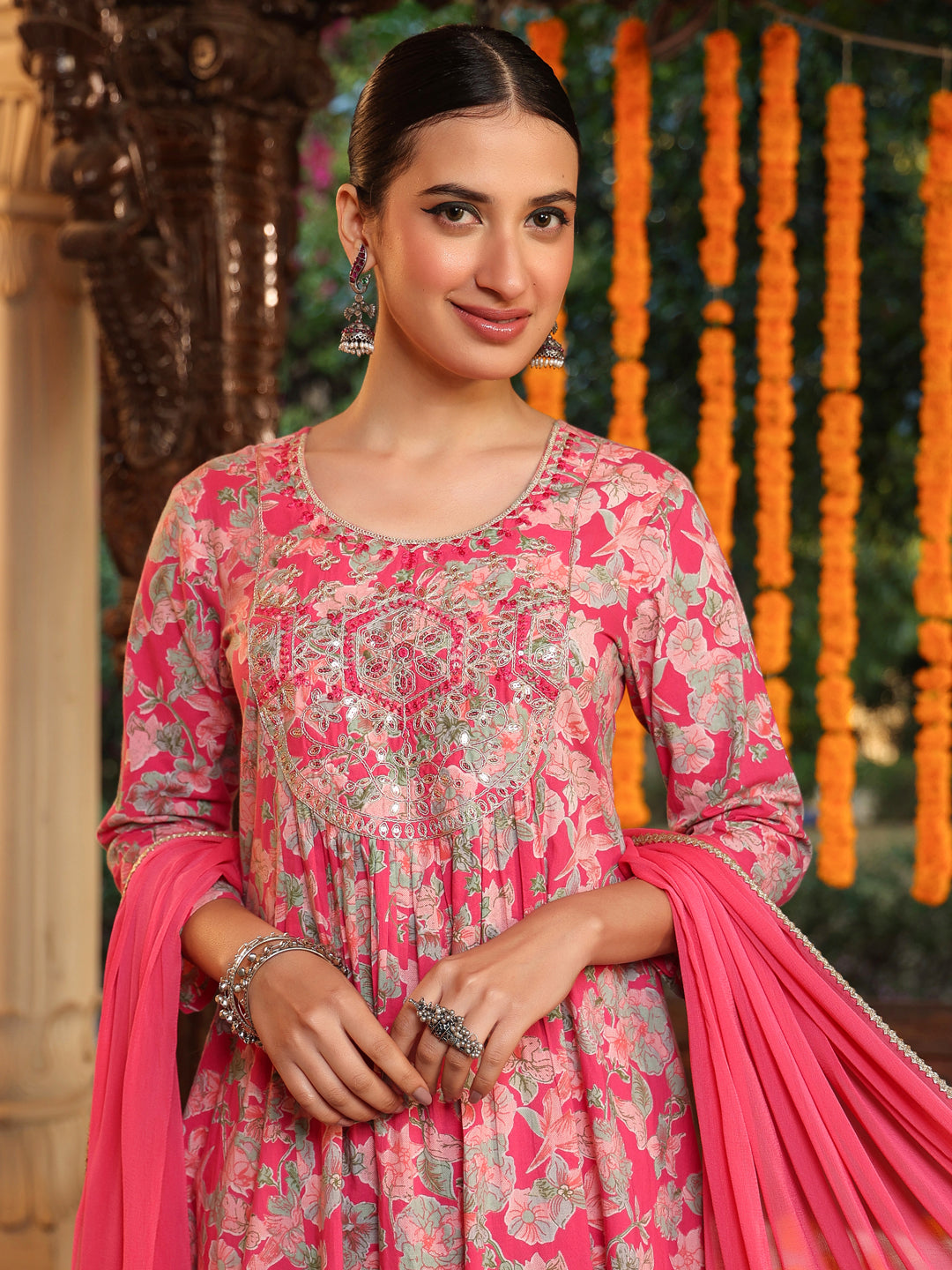 Ninnique Women's Pink Pure Cotton Yoke Embroidered Floral Printed A-line Kurta Set