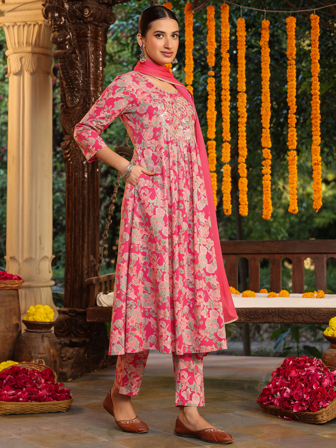 Ninnique Women's Pink Pure Cotton Yoke Embroidered Floral Printed A-line Kurta Set