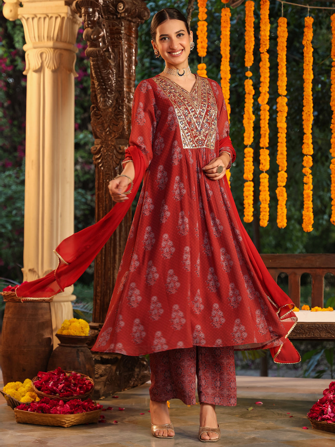 Ninnique Women's Maroon Georgette Yoke Embroidered Ajrakh Printed A line Kurta Set