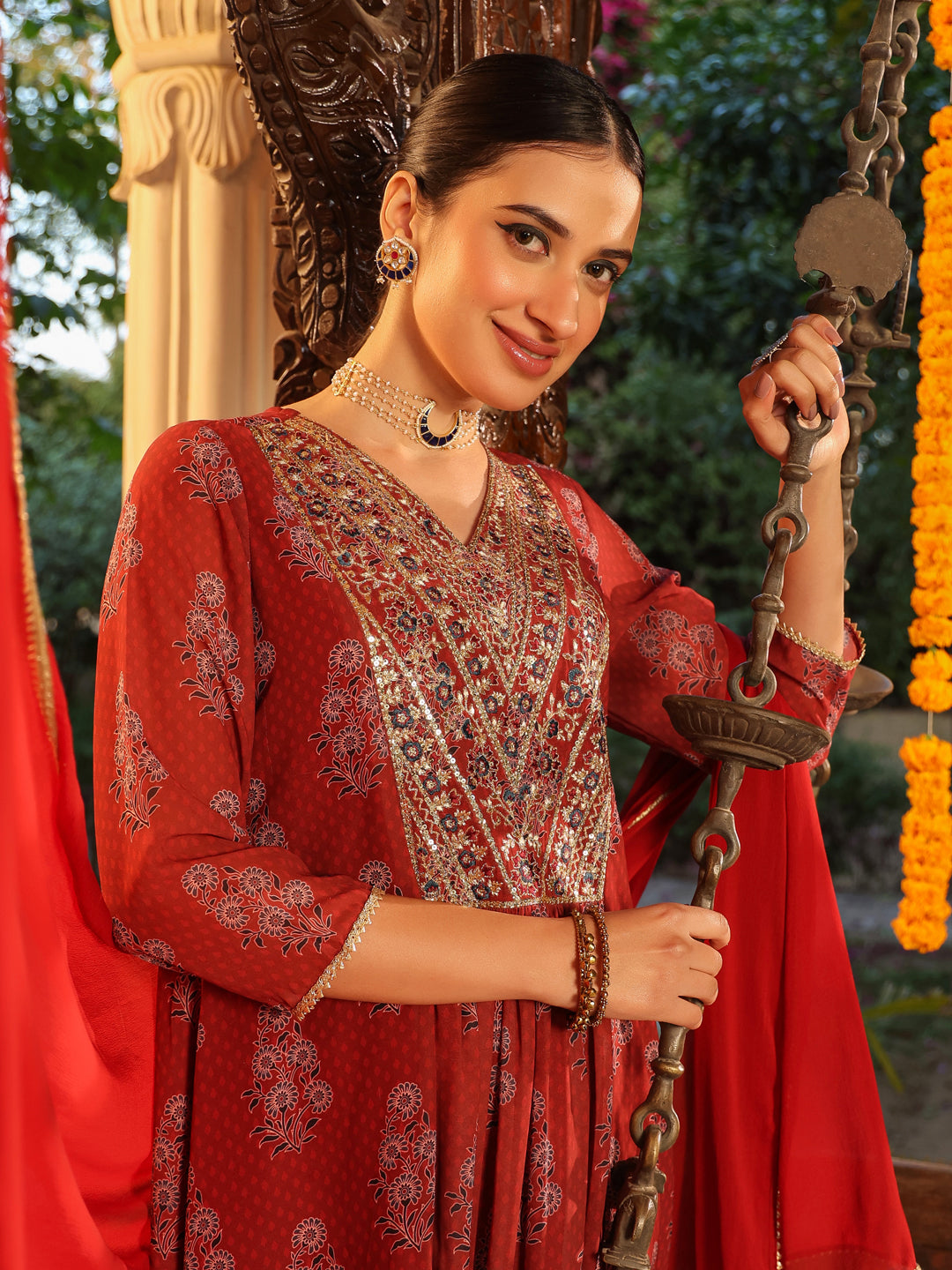 Ninnique Women's Maroon Georgette Yoke Embroidered Ajrakh Printed A line Kurta Set