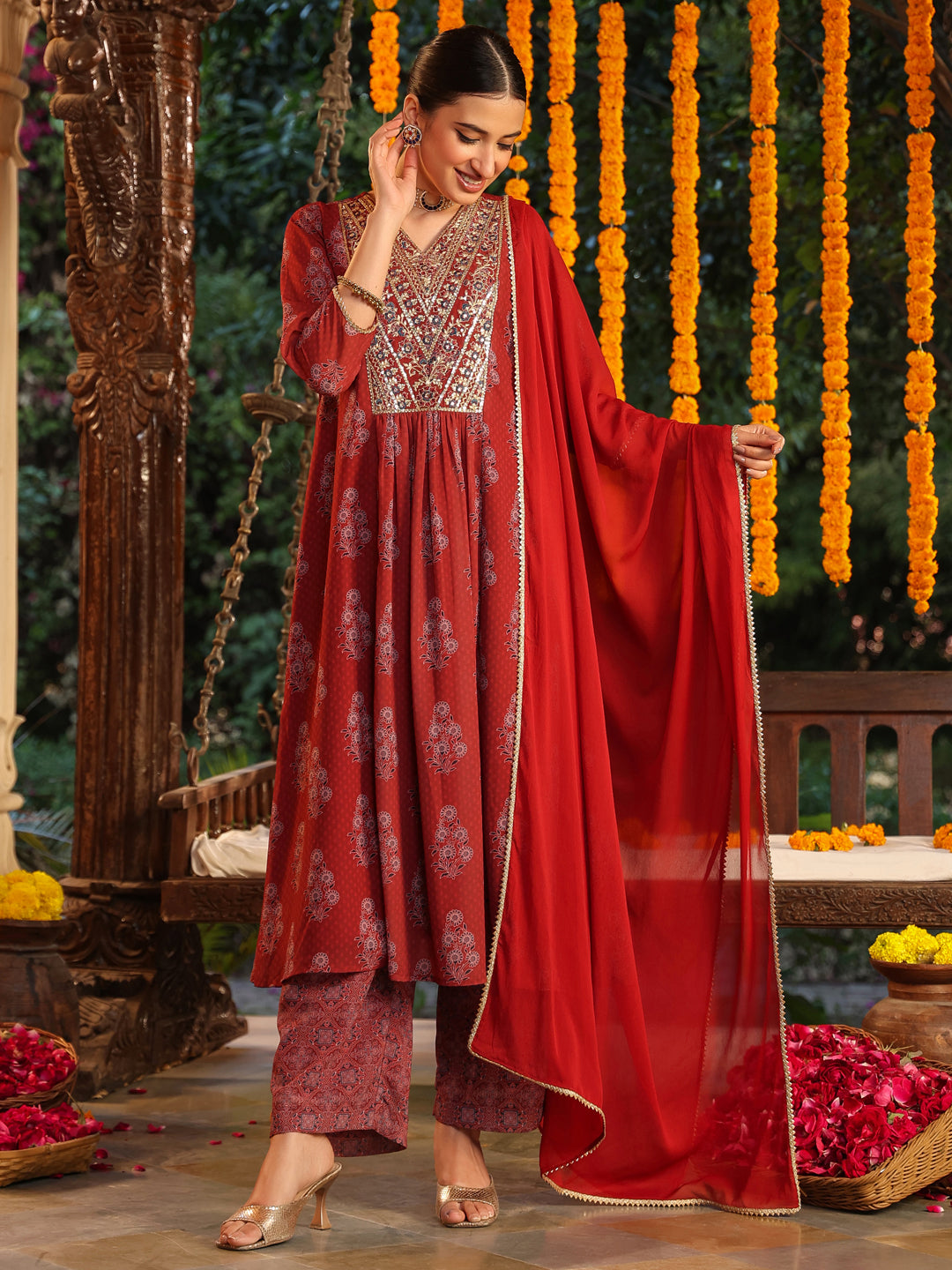 Ninnique Women's Maroon Georgette Yoke Embroidered Ajrakh Printed A line Kurta Set