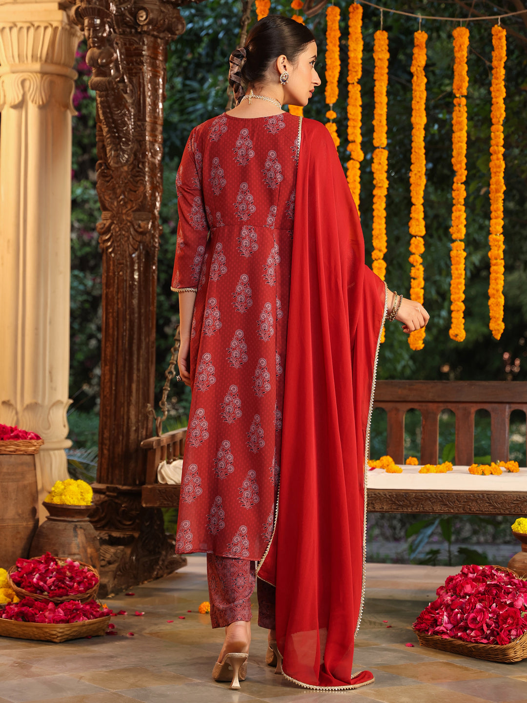 Ninnique Women's Maroon Georgette Yoke Embroidered Ajrakh Printed A line Kurta Set