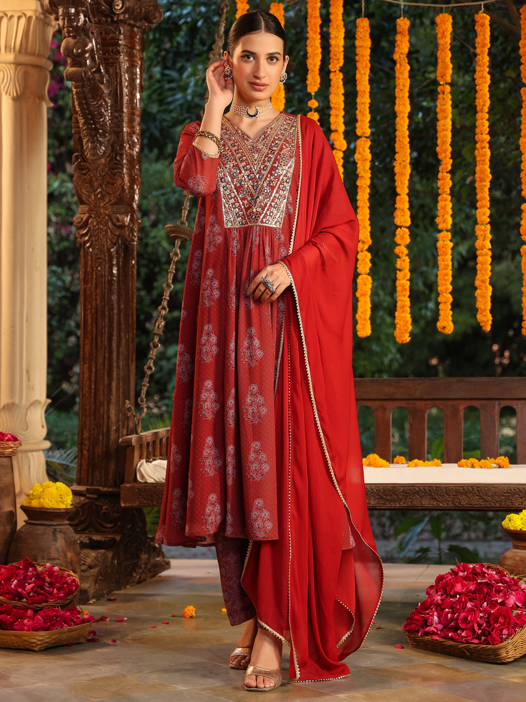 Ninnique Women's Maroon Georgette Yoke Embroidered Ajrakh Printed A line Kurta Set