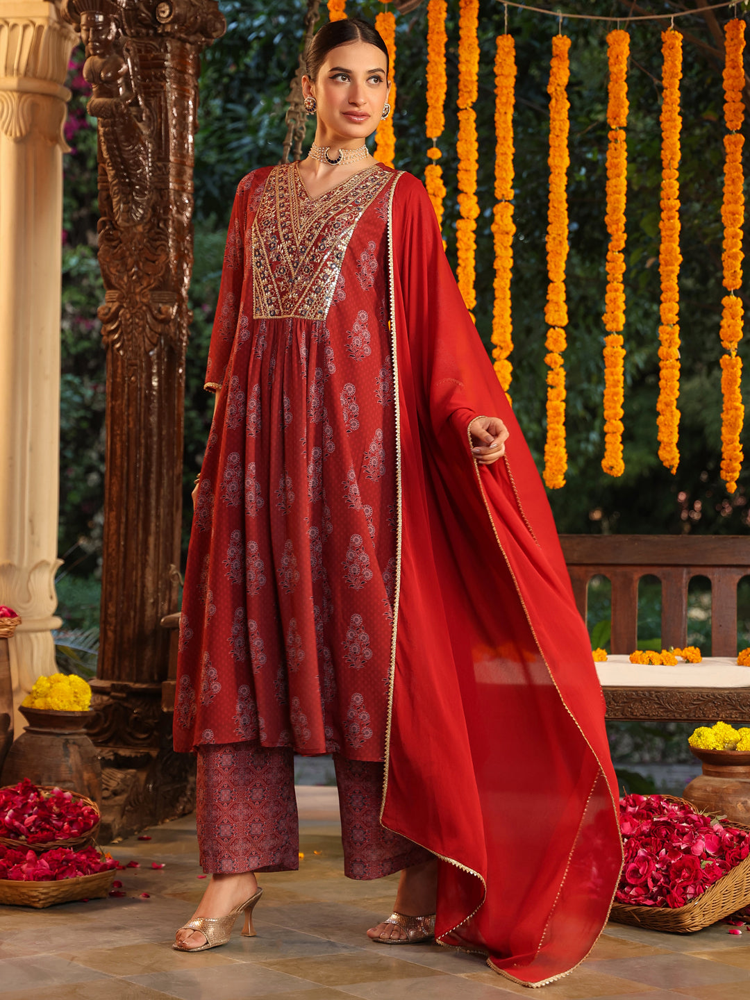 Ninnique Women's Maroon Georgette Yoke Embroidered Ajrakh Printed A line Kurta Set