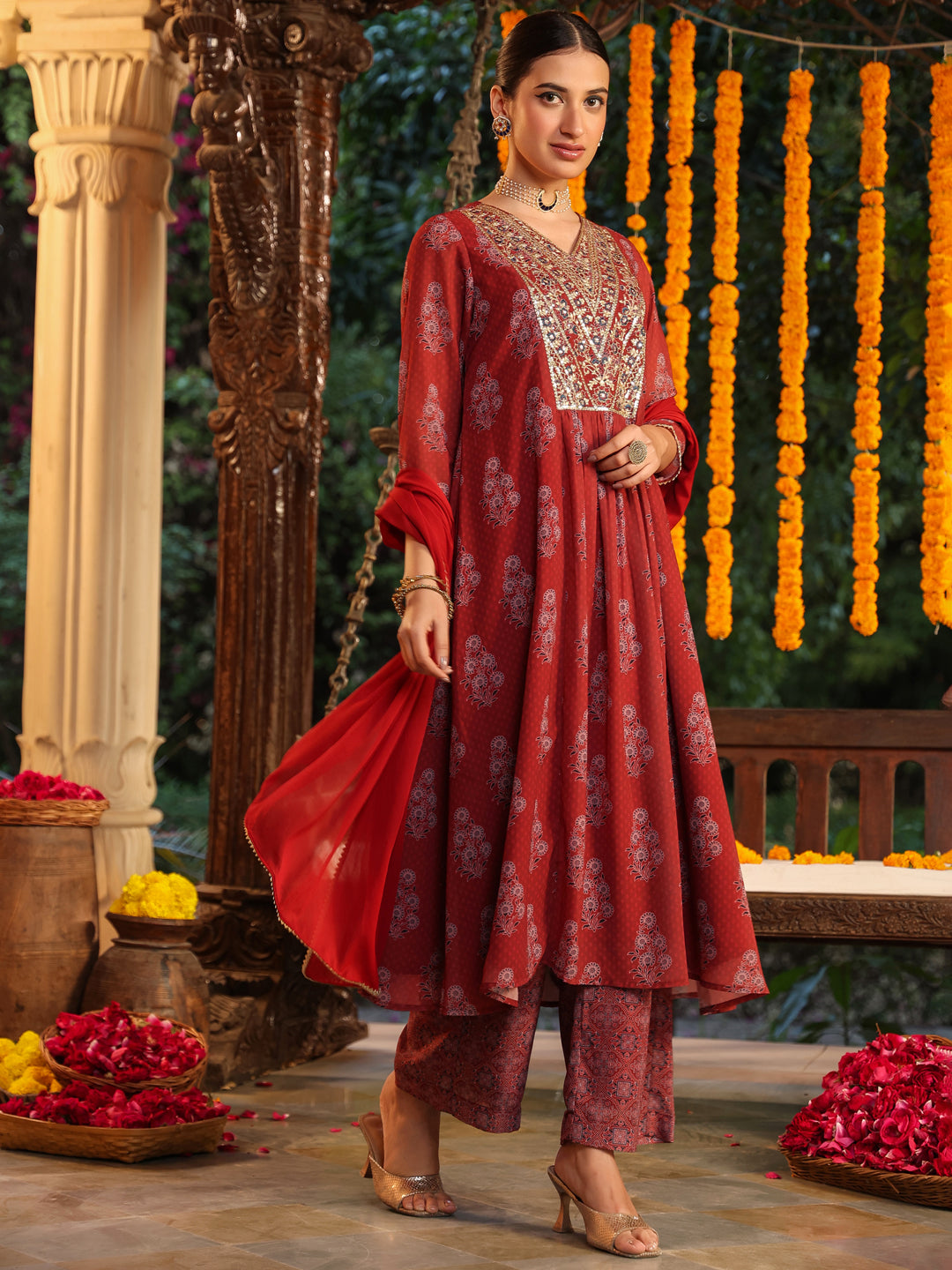 Ninnique Women's Maroon Georgette Yoke Embroidered Ajrakh Printed A line Kurta Set