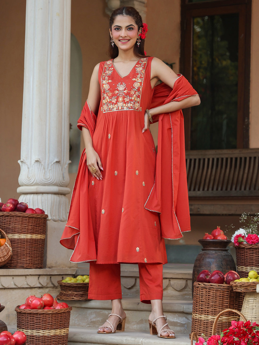 Ninnique Women's Rust Pure Cotton Embroidered A-line Kurta Set