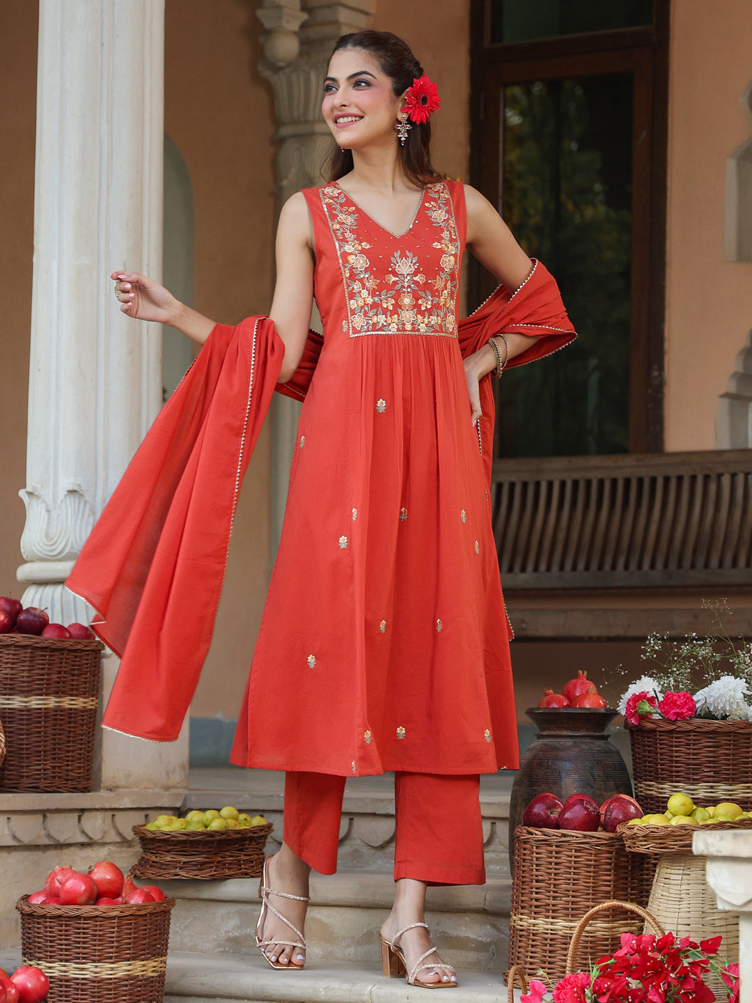 Ninnique Women's Rust Pure Cotton Embroidered A-line Kurta Set
