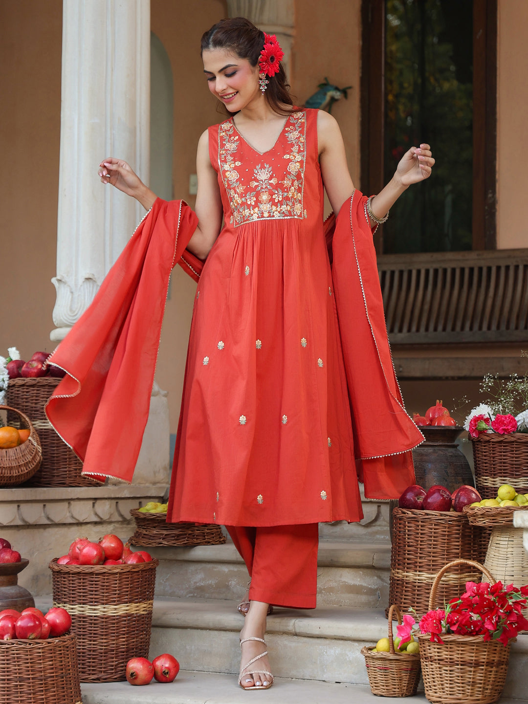 Ninnique Women's Rust Pure Cotton Embroidered A-line Kurta Set