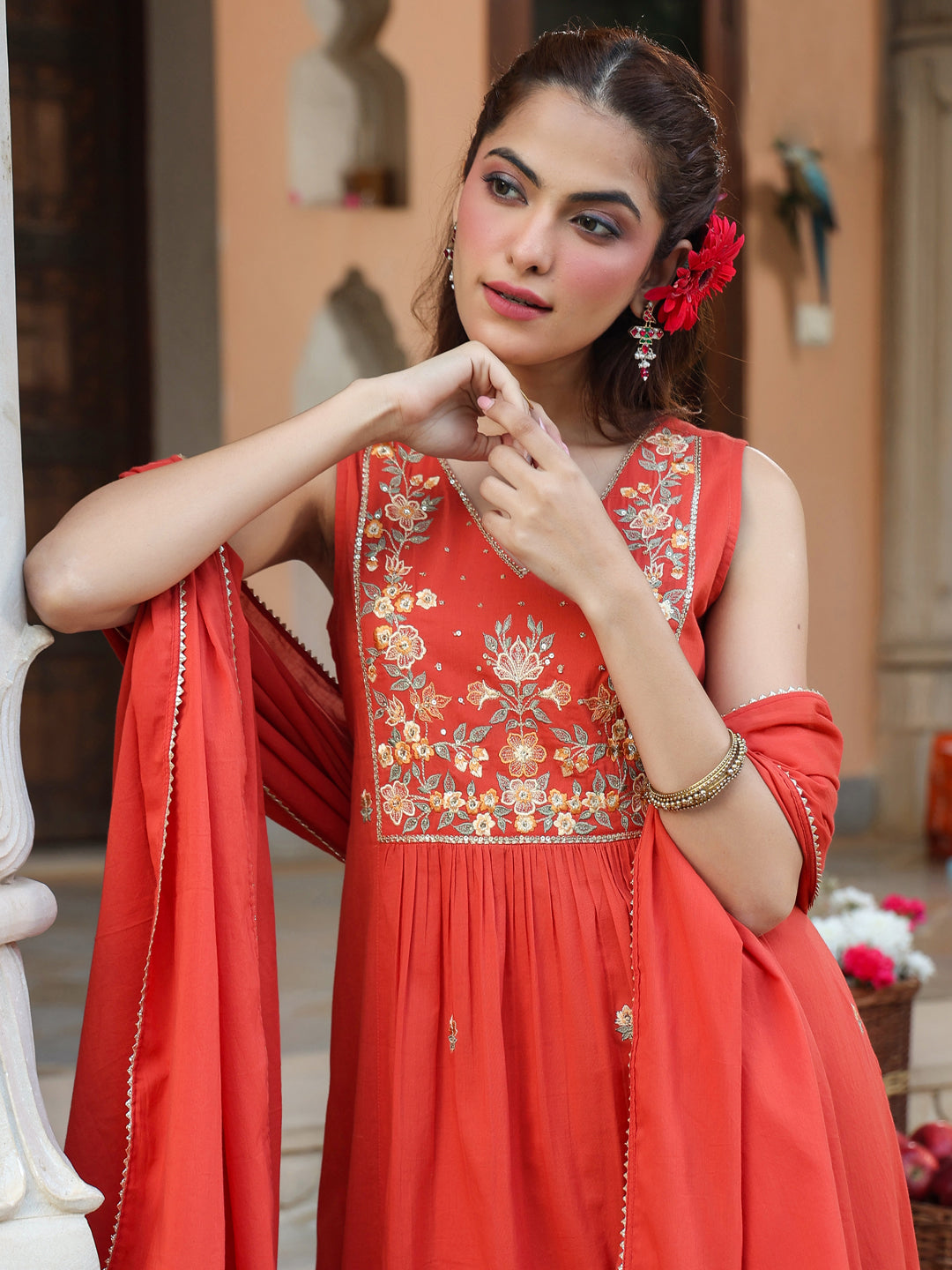 Ninnique Women's Rust Pure Cotton Embroidered A-line Kurta Set