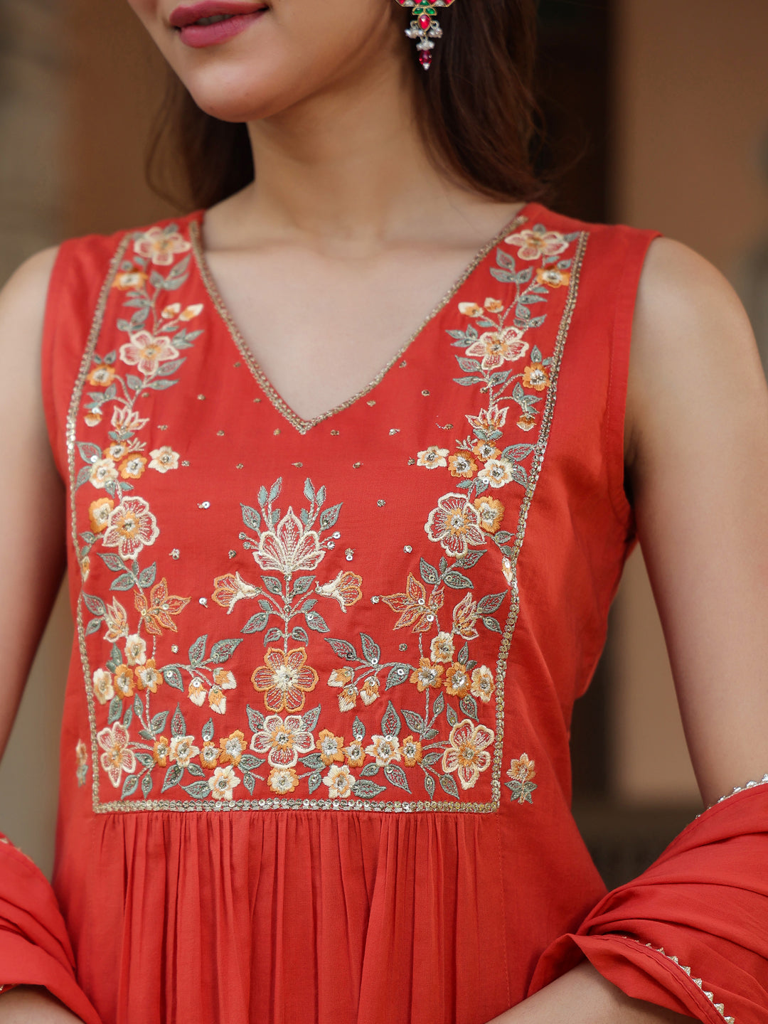 Ninnique Women's Rust Pure Cotton Embroidered A-line Kurta Set