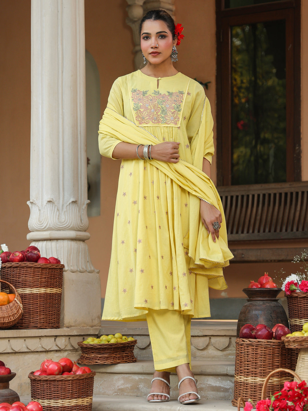 Ninnique Women's Yellow Pure Cotton Embroidered A-line Kurta Set