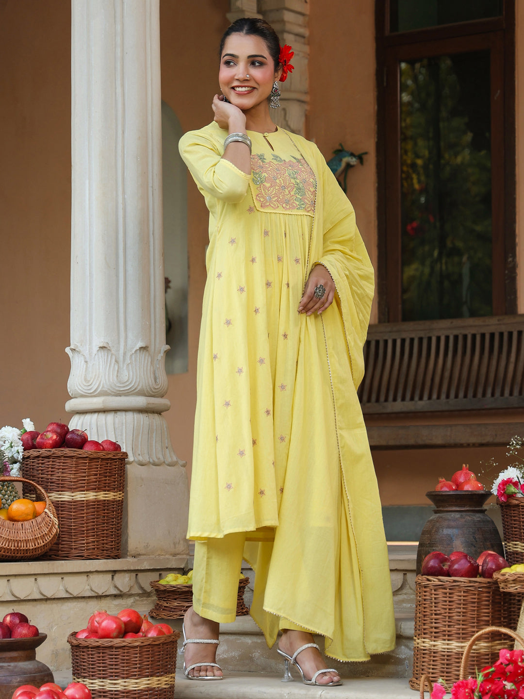Ninnique Women's Yellow Pure Cotton Embroidered A-line Kurta Set