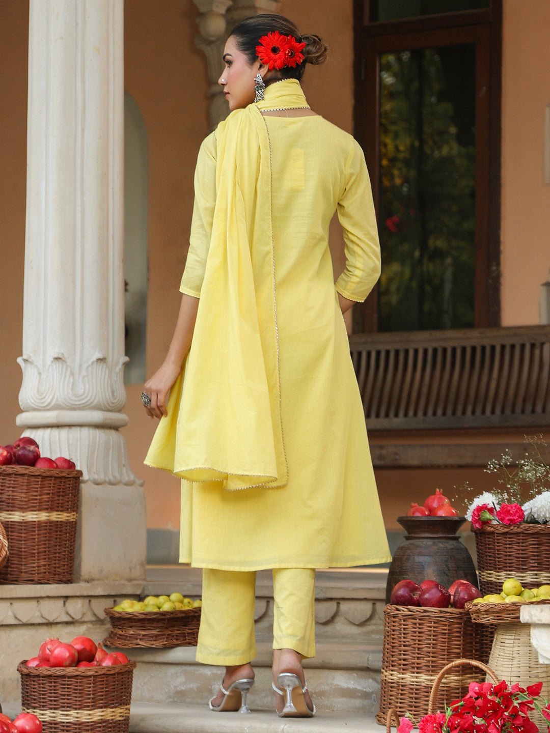 Ninnique Women's Yellow Pure Cotton Embroidered A-line Kurta Set
