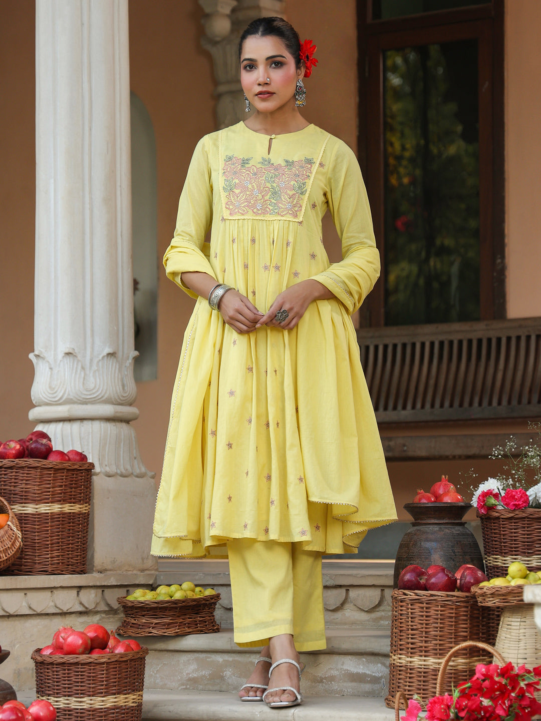 Ninnique Women's Yellow Pure Cotton Embroidered A-line Kurta Set