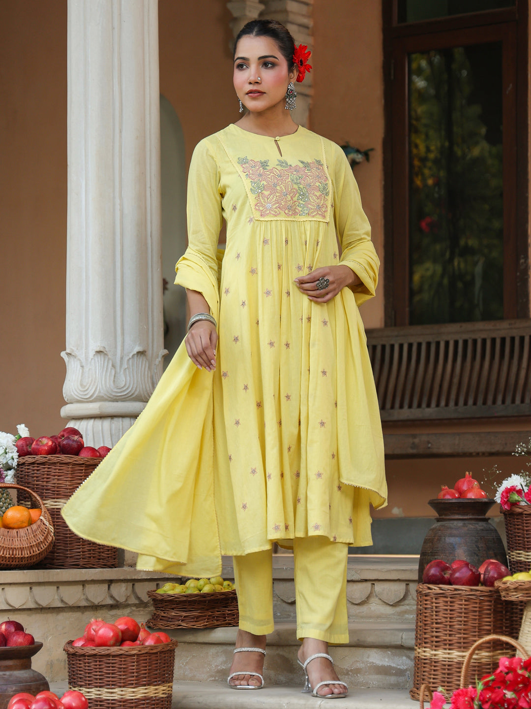 Ninnique Women's Yellow Pure Cotton Embroidered A-line Kurta Set