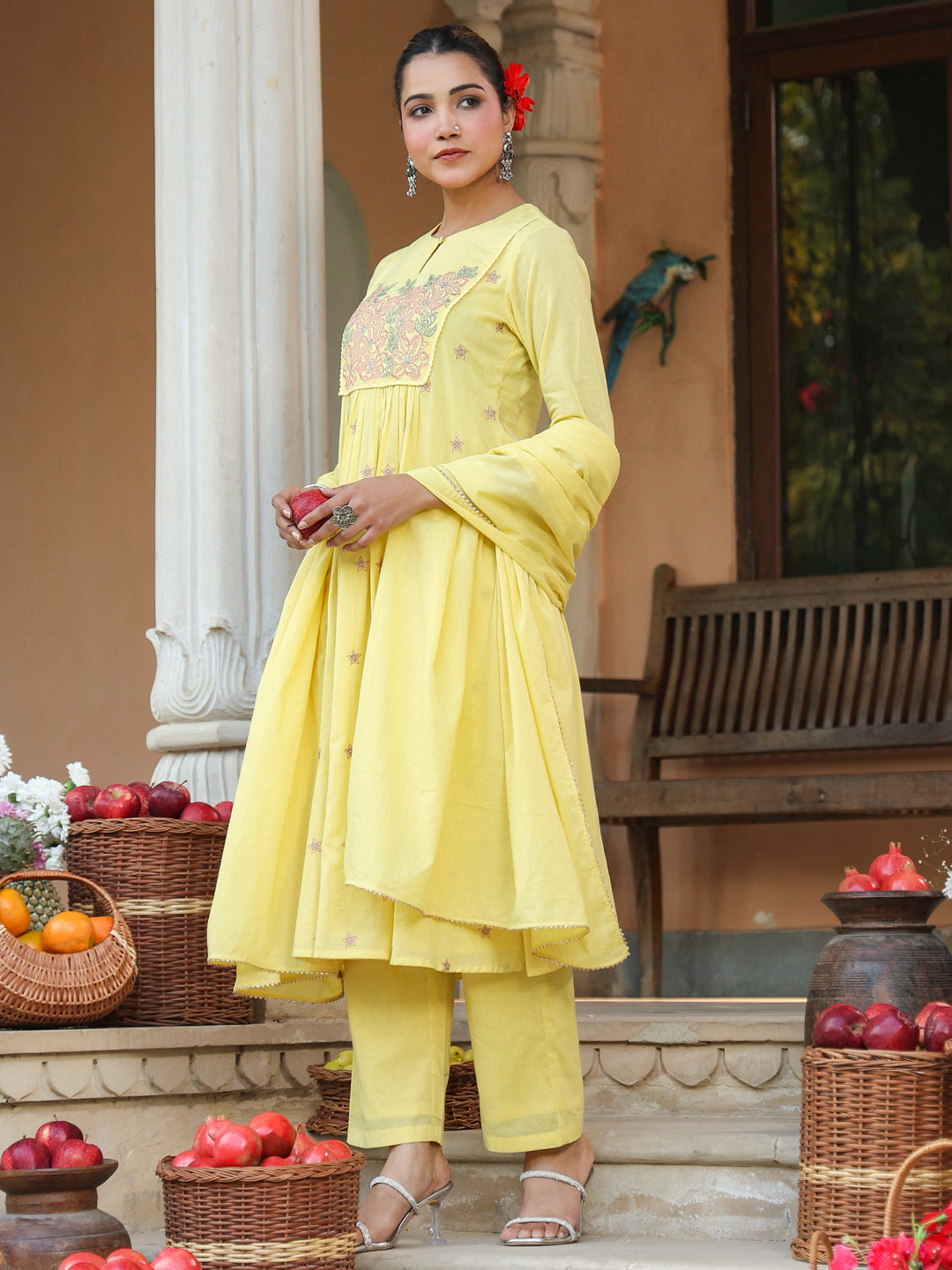 Ninnique Women's Yellow Pure Cotton Embroidered A-line Kurta Set