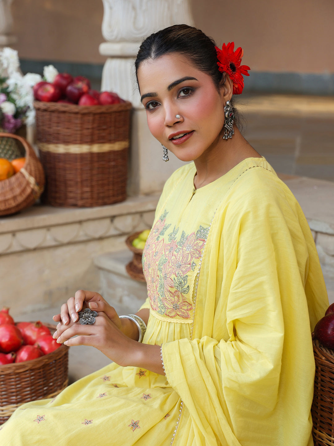 Ninnique Women's Yellow Pure Cotton Embroidered A-line Kurta Set