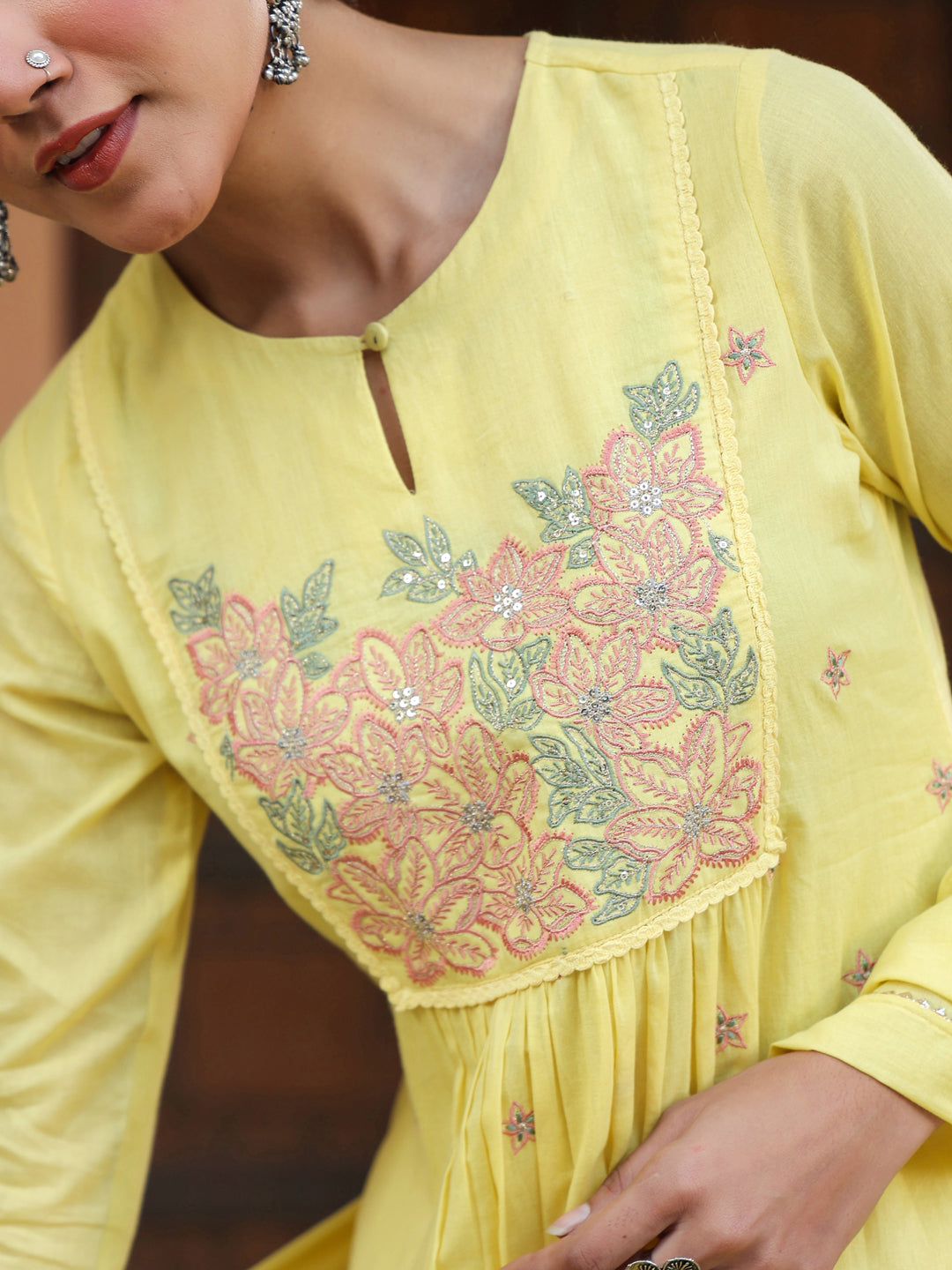Ninnique Women's Yellow Pure Cotton Embroidered A-line Kurta Set