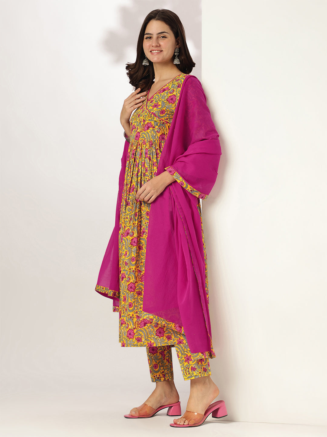 Ninnique Women's Yellow Pure Cotton Floral Printed Angrakha Kurta Set
