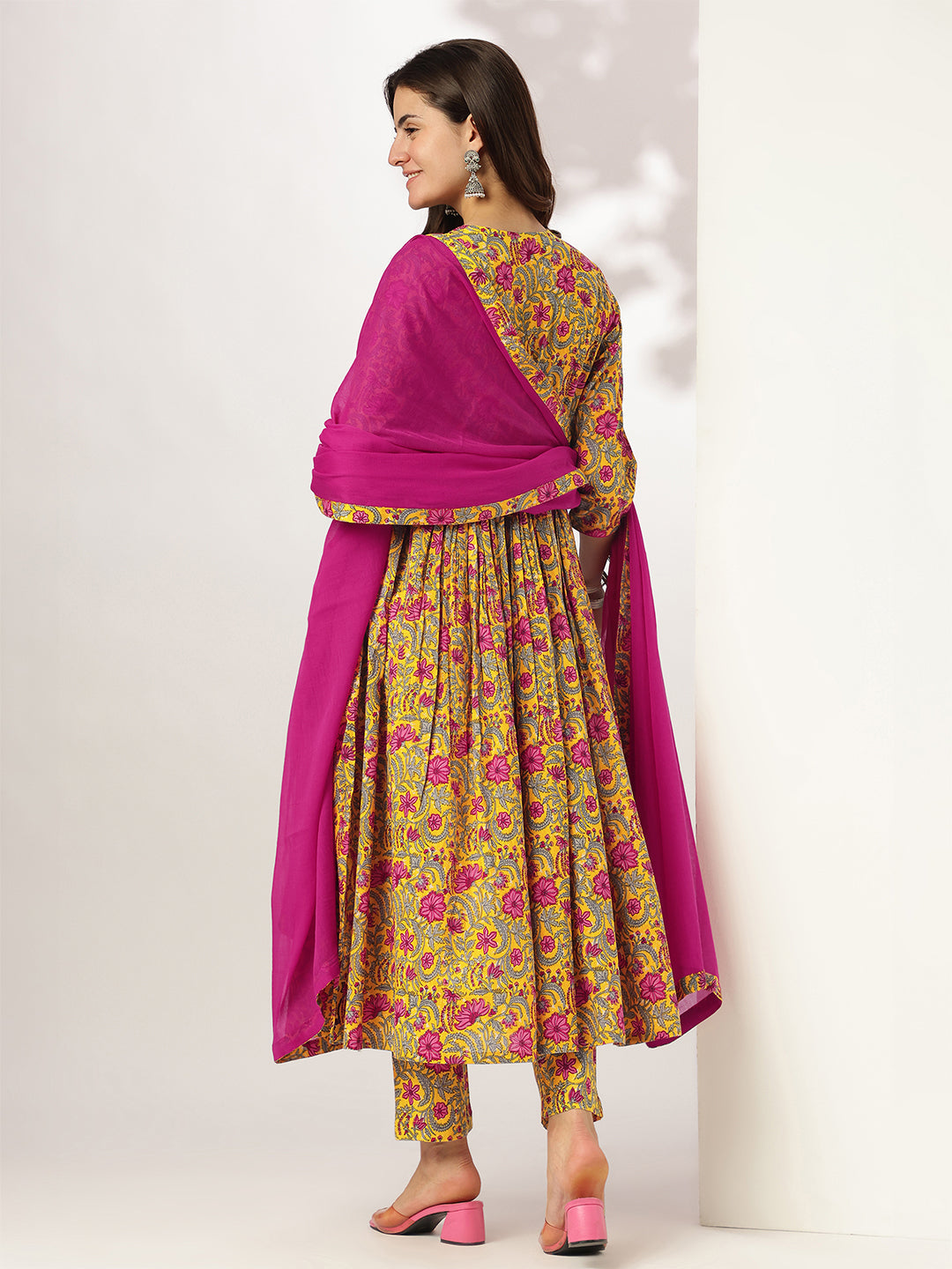 Ninnique Women's Yellow Pure Cotton Floral Printed Angrakha Kurta Set