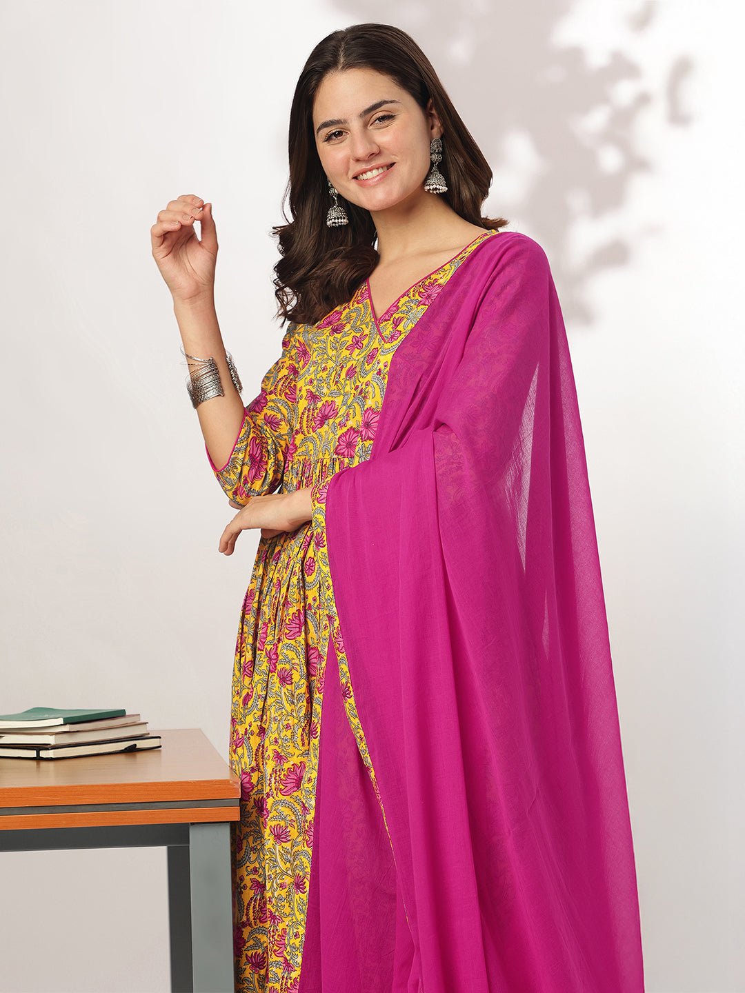 Ninnique Women's Yellow Pure Cotton Floral Printed Angrakha Kurta Set