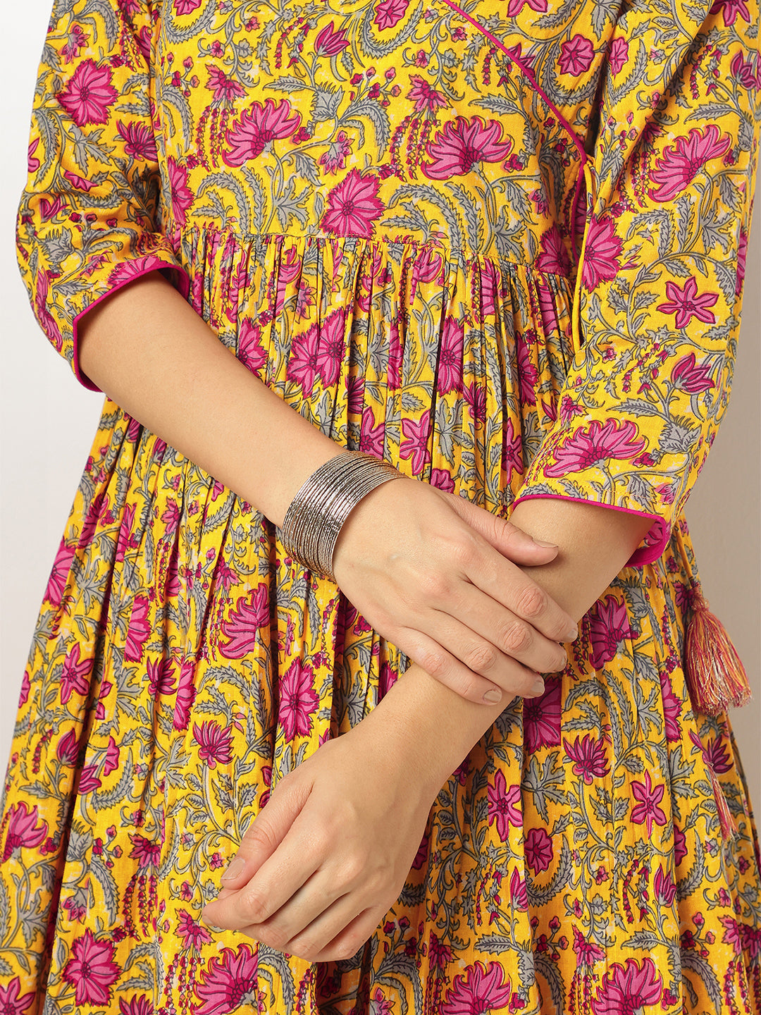 Ninnique Women's Yellow Pure Cotton Floral Printed Angrakha Kurta Set