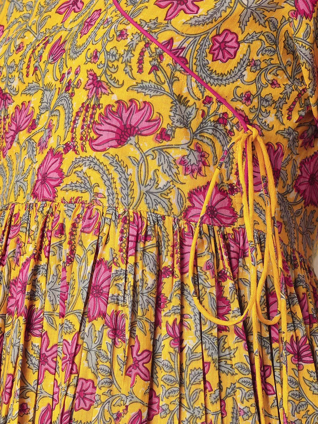 Ninnique Women's Yellow Pure Cotton Floral Printed Angrakha Kurta Set