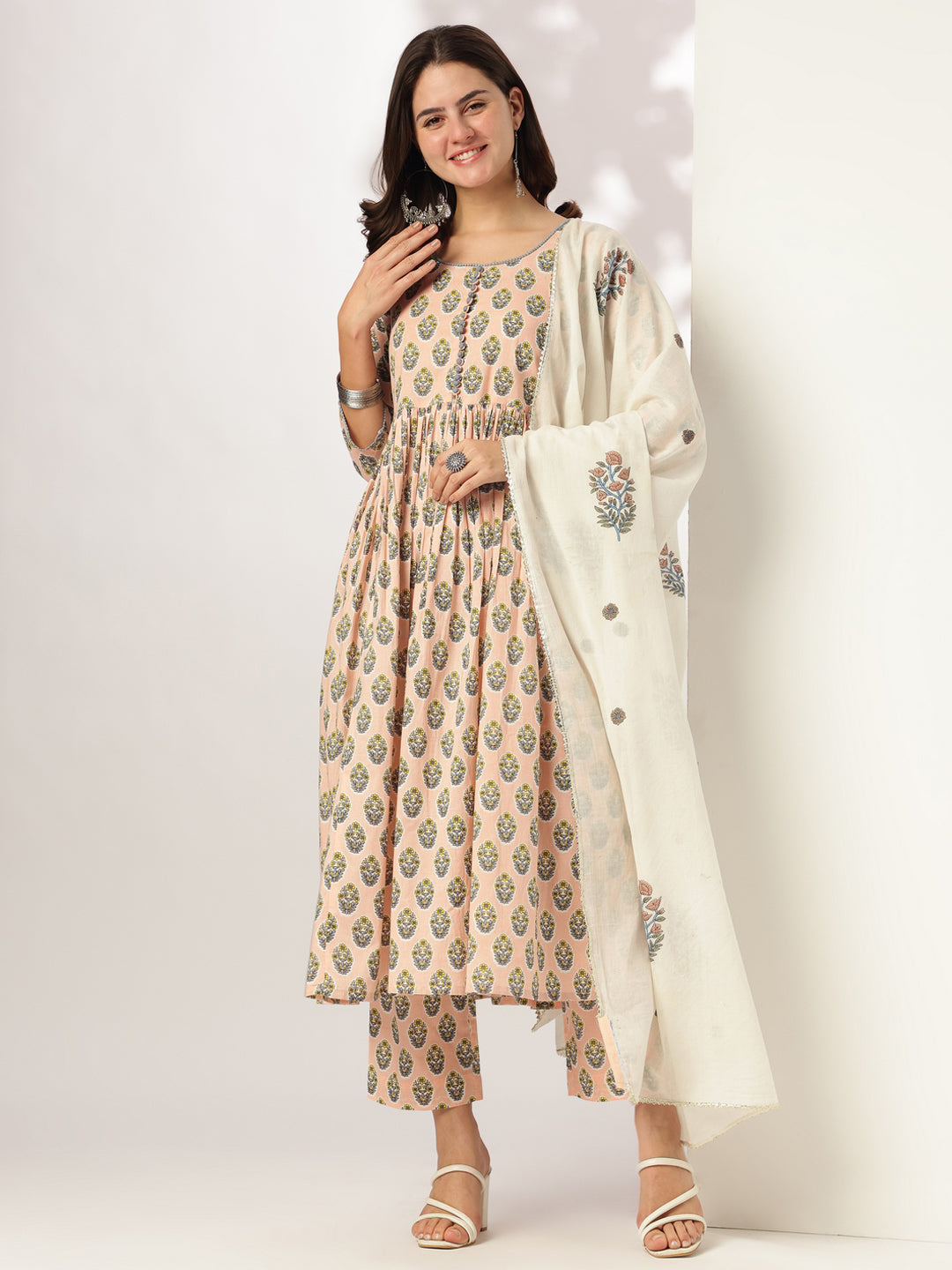 Ninnique Women's Peach Pure Cotton Floral Printed A-line Kurta Set