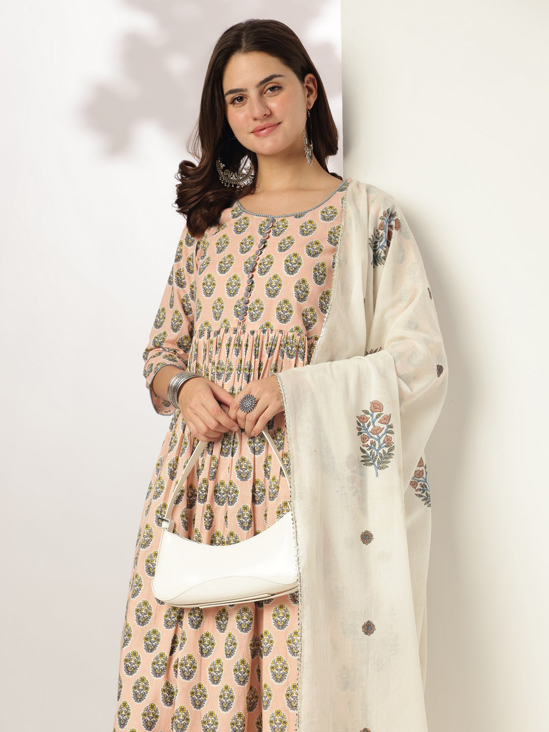 Ninnique Women's Peach Pure Cotton Floral Printed A-line Kurta Set