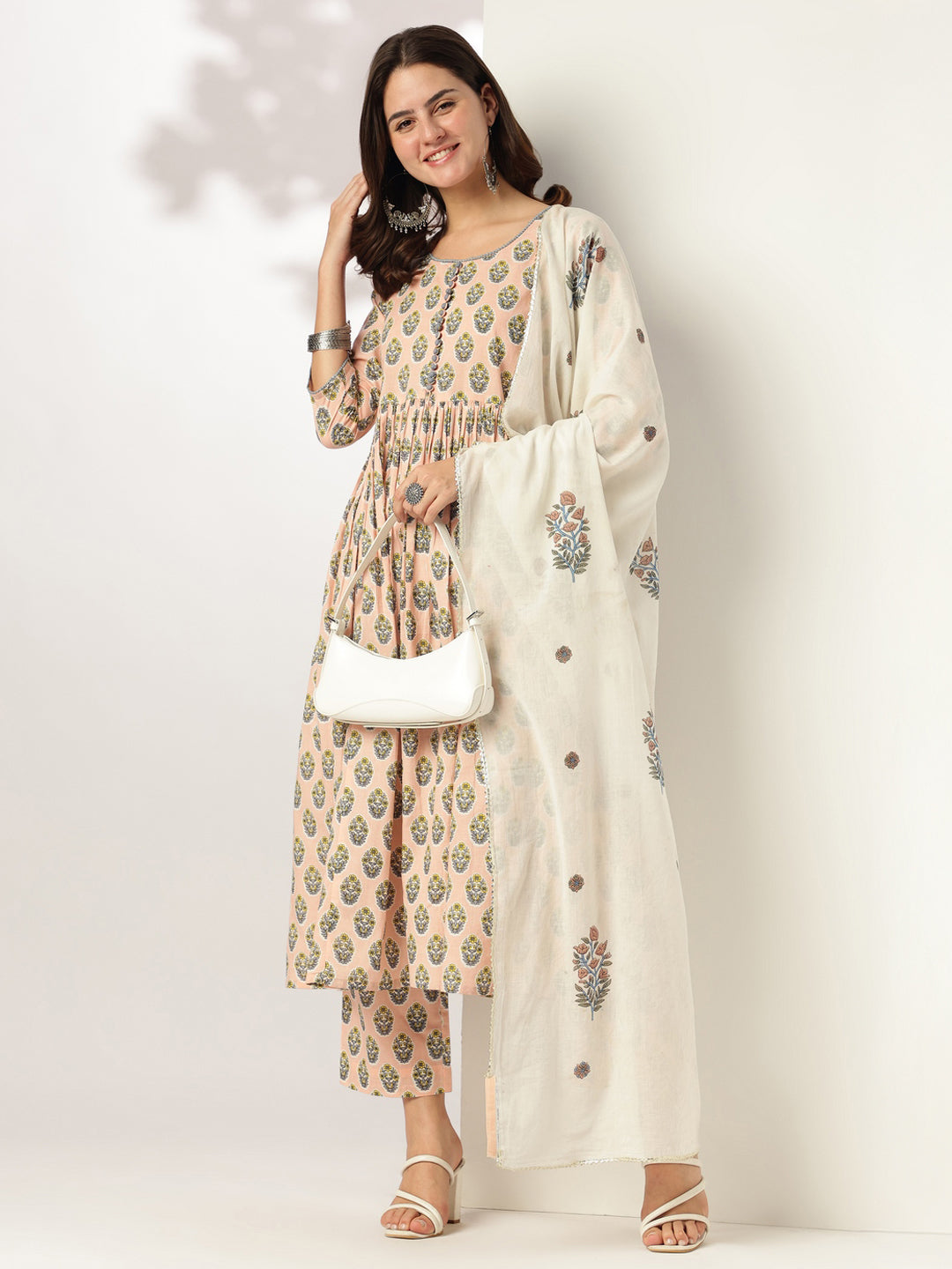 Ninnique Women's Peach Pure Cotton Floral Printed A-line Kurta Set