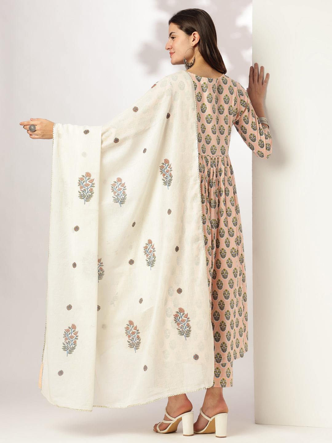 Ninnique Women's Peach Pure Cotton Floral Printed A-line Kurta Set