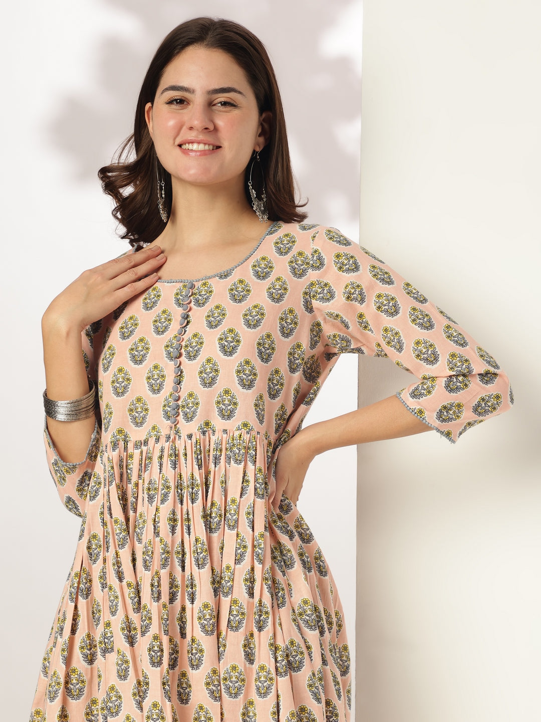 Ninnique Women's Peach Pure Cotton Floral Printed A-line Kurta Set