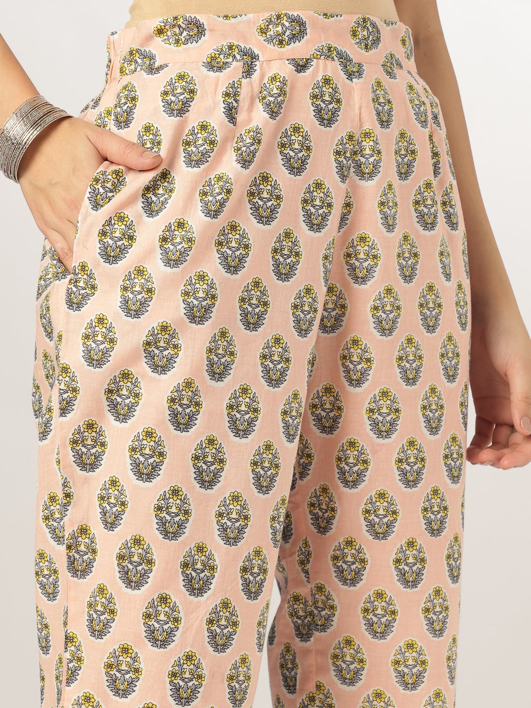 Ninnique Women's Peach Pure Cotton Floral Printed A-line Kurta Set