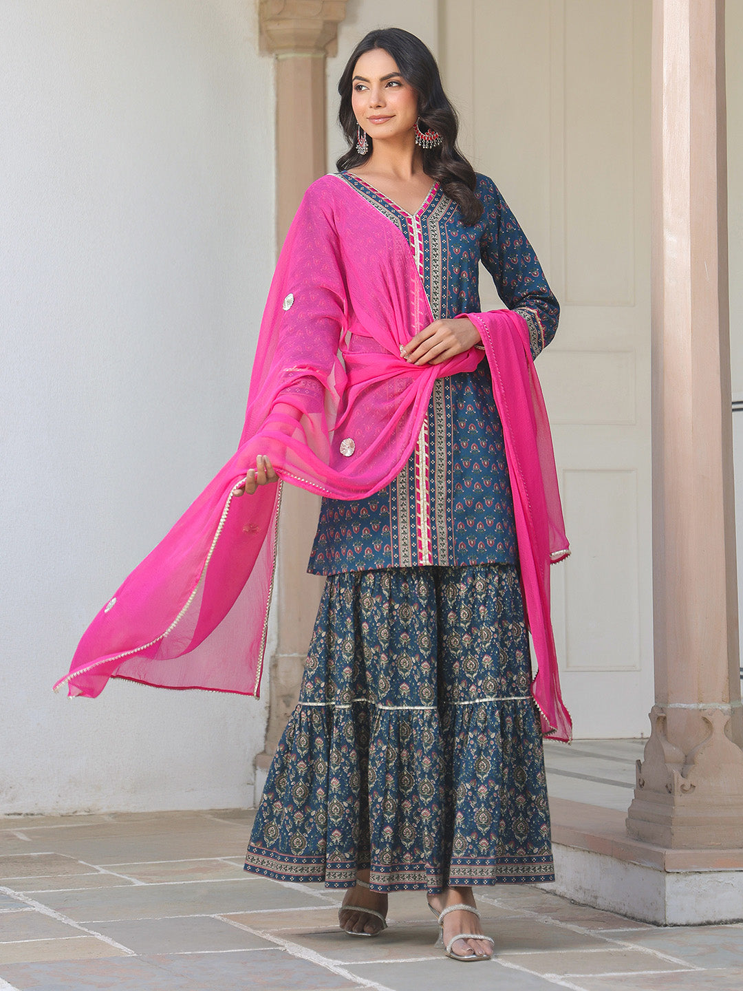 Ninnique Women's Dark Blue Pure Cotton Floral Printed Straight Kurta With Sharara & Dupatta Set