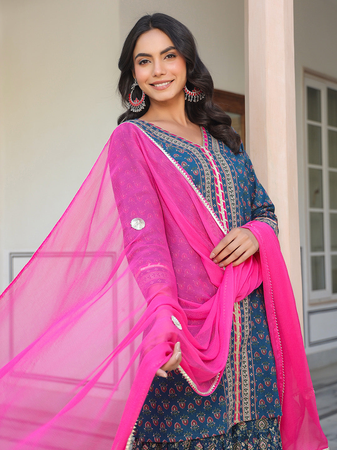 Ninnique Women's Dark Blue Pure Cotton Floral Printed Straight Kurta With Sharara & Dupatta Set