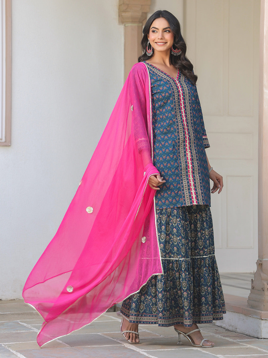 Ninnique Women's Dark Blue Pure Cotton Floral Printed Straight Kurta With Sharara & Dupatta Set