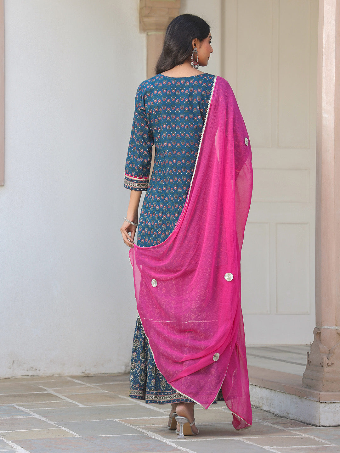 Ninnique Women's Dark Blue Pure Cotton Floral Printed Straight Kurta With Sharara & Dupatta Set